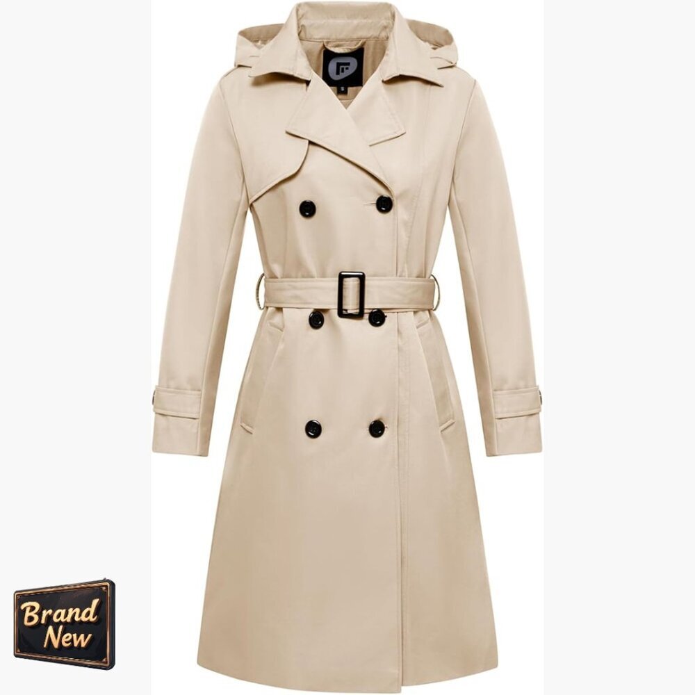 Long Waterproof Trench Coat with Detachable Hood, Belted Double Breasted - Picture 1 of 7